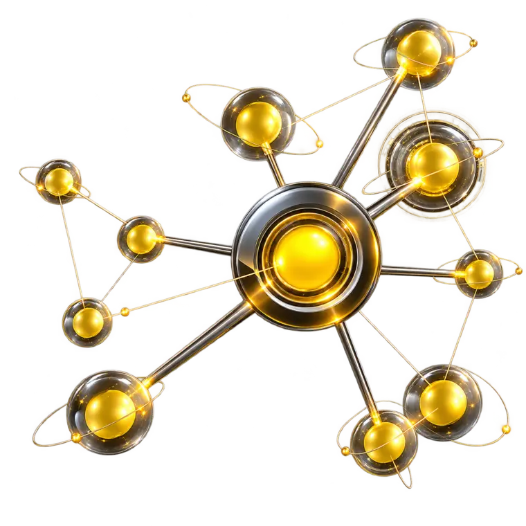 Gold orbital network illustration representing the interconnected ATOM portfolio
